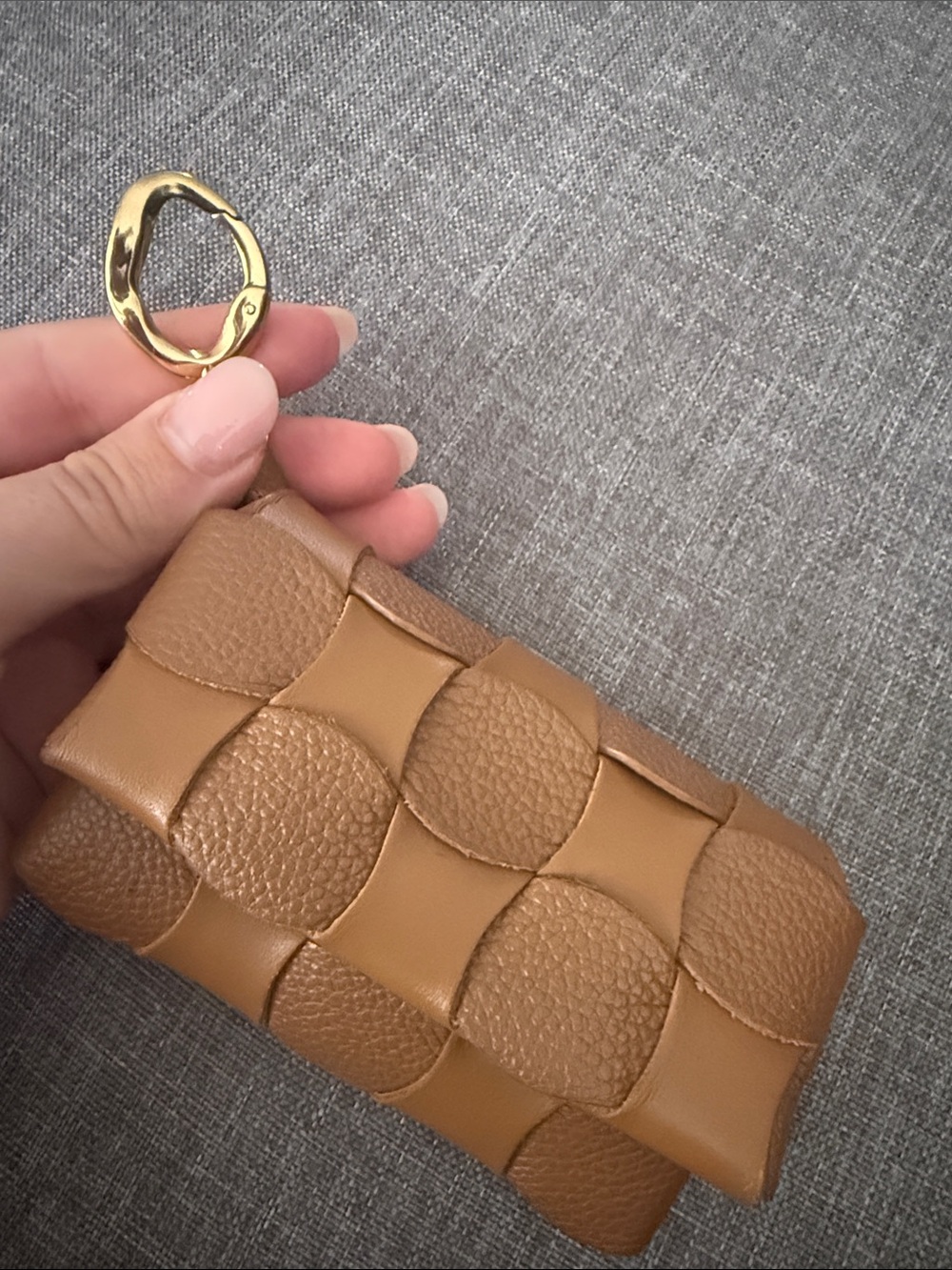 Polene Brown Woven Leather Wristlet Key Pouch with Gold Ring